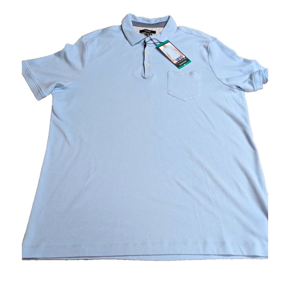 Tahari Men's Polo Shirt XL Regular Light Blue Solid Short Sleeve Cotton Button